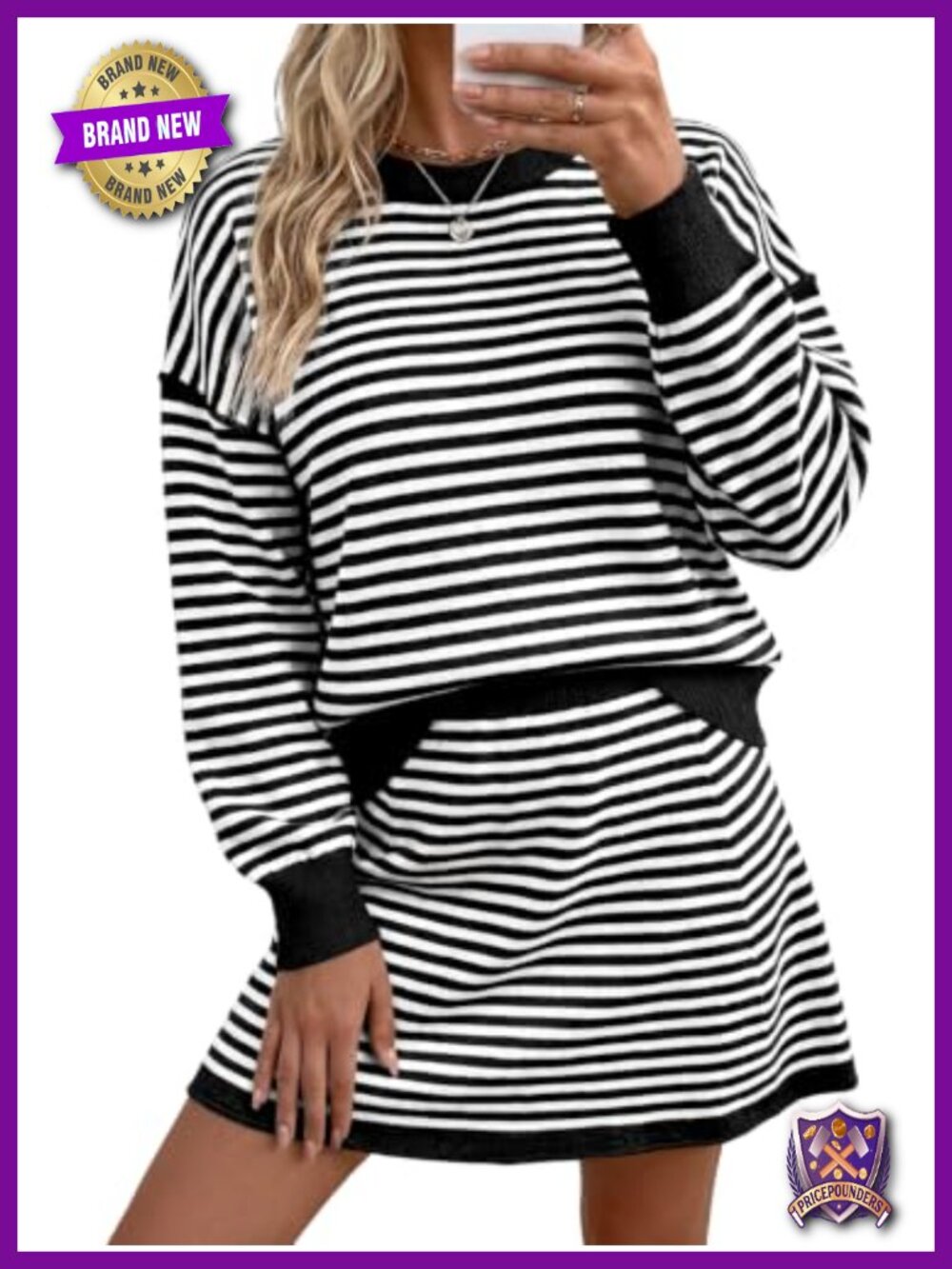 Women 2 Piece Striped Knit Sweater and Mini Skirt Set Fall Outfit